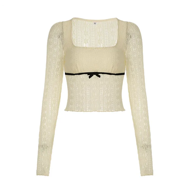 New Sexy See through Square Collar Slim Long Sleeve Top Light Yellow - Shop at LoveMi