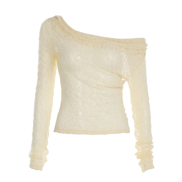 Pure Lace Long Sleeve Women Blouse Top Beige - Shop at LoveMi