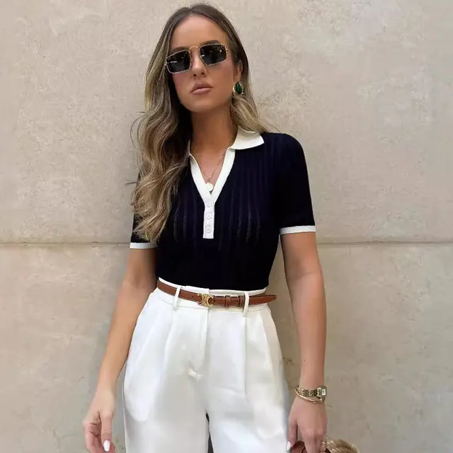 Women's Fashion Polo Collar V neck Slimming Color Contrast Patchwork Knitted Top Black - Shop at LoveMi