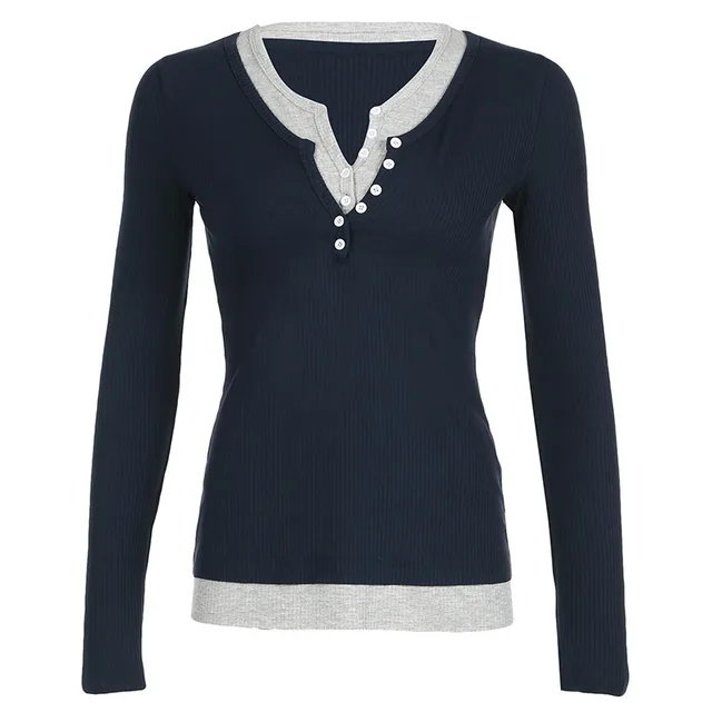 American style Casual Contrast Color Breasted Fake Two piece Top Dark Blue - Shop at LoveMi