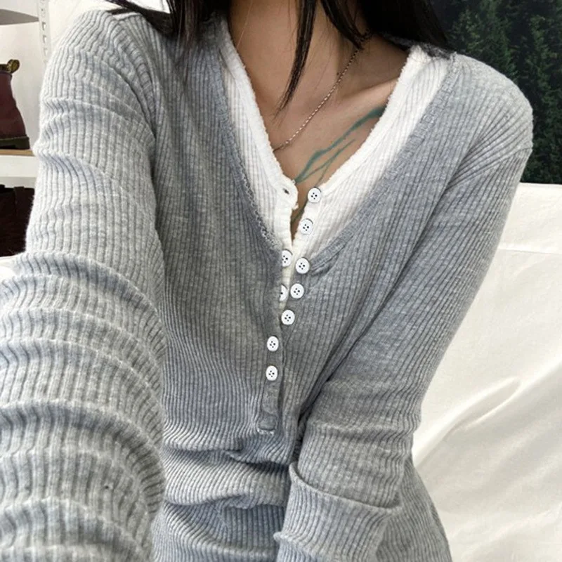 American-style Casual Contrast Color Breasted Fake Two-piece Top - Light Gray - View 1