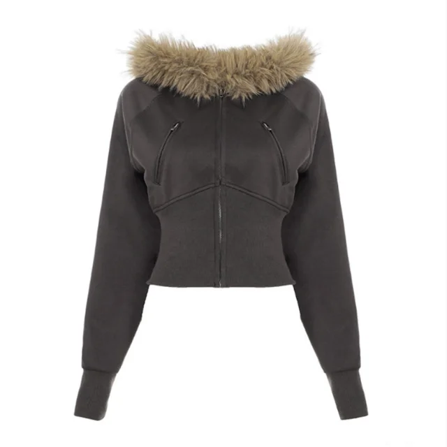 American Retro Small Letter Embroidery Fleece Padded Coat Brown - Shop at LoveMi