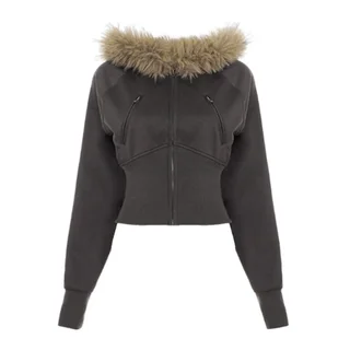 American Retro Small Letter Embroidery Fleece Padded Coat - Brown