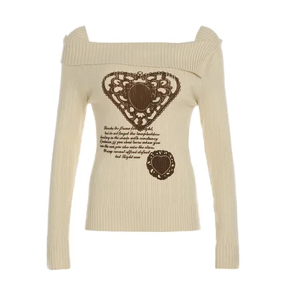 American Retro Off shoulder Heart Printing Sweater Skin Color - Shop at LoveMi