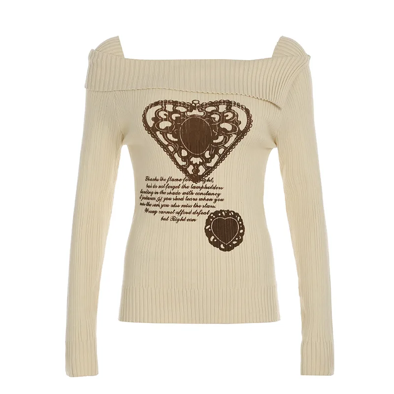 American Retro Off shoulder Heart Printing Sweater Skin Color - Shop at LoveMi