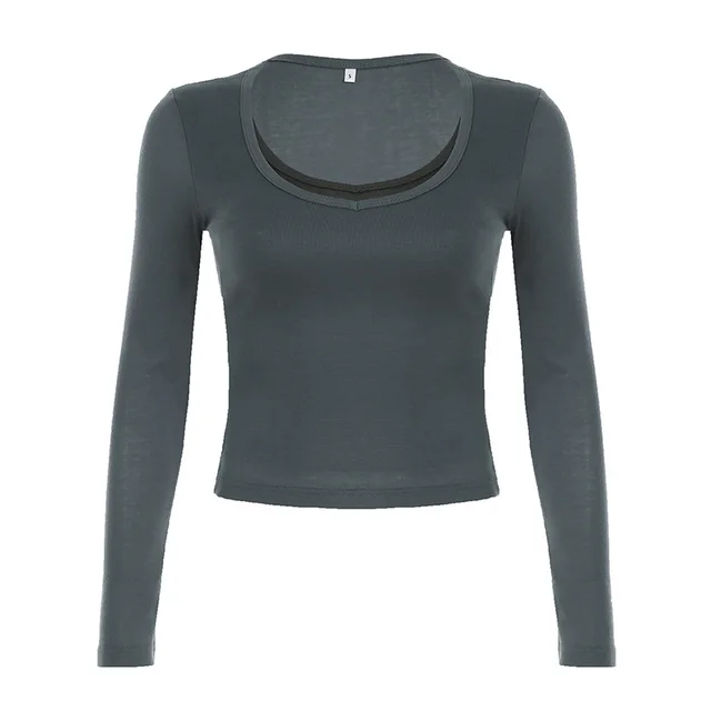 Women's V neck Fake Two piece Slim fit Long Sleeve Gray - Shop at LoveMi