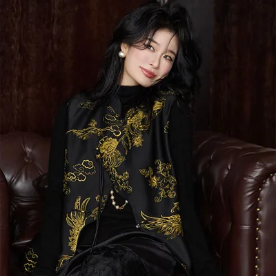 High grade Autumn Women's Jacquard Satin Cardigan Style Buckle Outerwear Vest Top Acetate Embroidery Black Vest - Shop at LoveMi