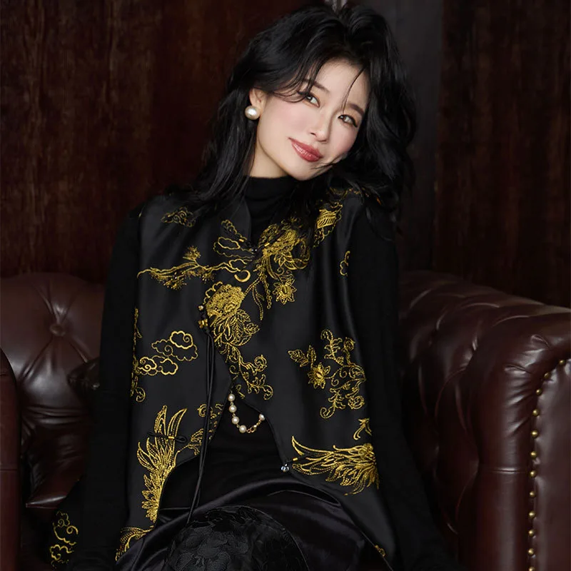 High-grade Autumn Women's Jacquard Satin Cardigan Style Buckle Outerwear Vest Top - Acetate Embroidery Black Vest - View 1