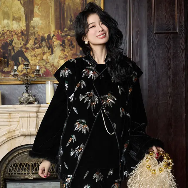 High grade Autumn Women's Jacquard Satin Cardigan Style Buckle Outerwear Vest Top Full Embroidery Beads Black - Shop at LoveMi