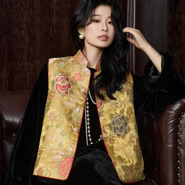 High grade Autumn Women's Jacquard Satin Cardigan Style Buckle Outerwear Vest Top Retro Gold - Shop at LoveMi