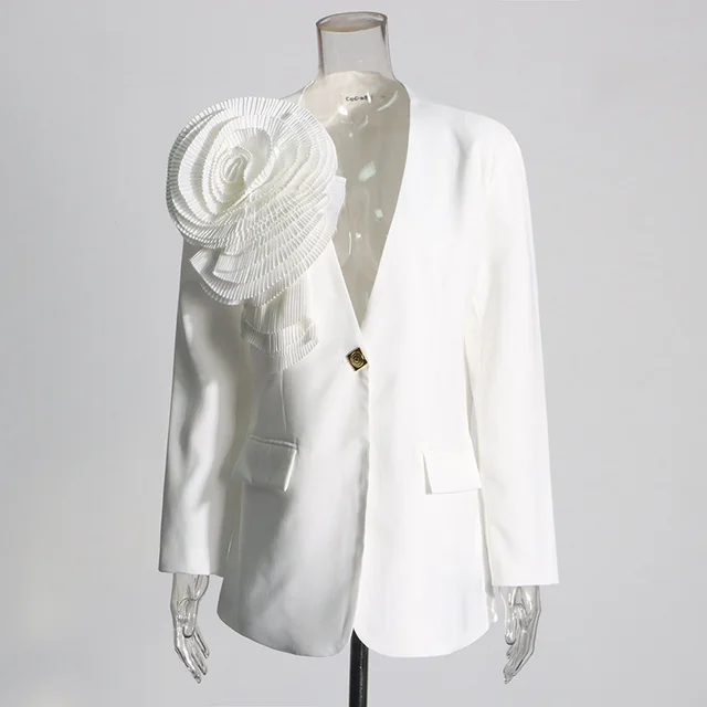 Elegant High grade Stitching Flower Suit Jacket For Women White - Shop at LoveMi
