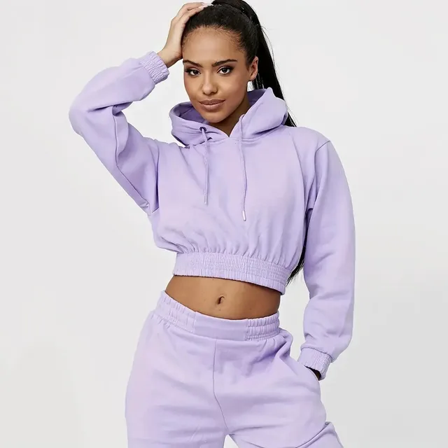 Women's Fleece lined Casual Sports Drawstring Hooded Trousers Suit Two piece Set Purple - Shop at LoveMi