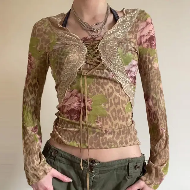 Vintage Leopard Print Versatile Knitted Top Khaki - Shop at LoveMi