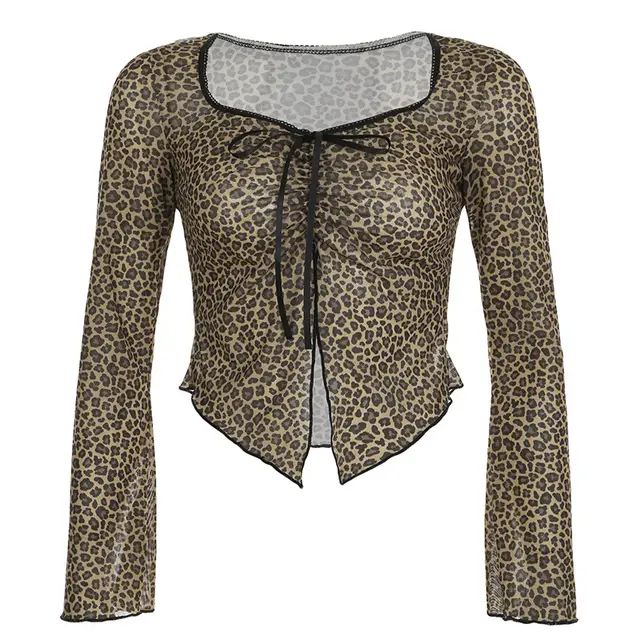 European And American Sexy Style Lace Leopard Print Pleating T shirt Brown - Shop at LoveMi