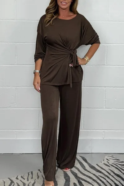 Europe And America Cross Border Fall Women's Clothing Solid Color Casual Fashion Lace up Long Sleeve Top And Trousers Suit Brown - Shop at LoveMi