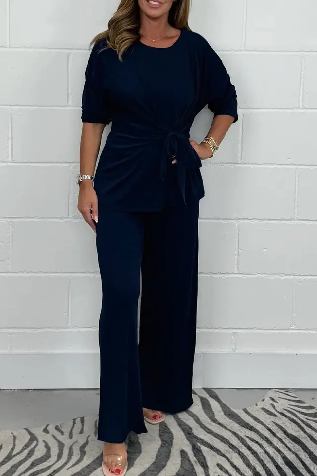 Europe And America Cross Border Fall Women's Clothing Solid Color Casual Fashion Lace up Long Sleeve Top And Trousers Suit Dark Blue - Shop at LoveMi