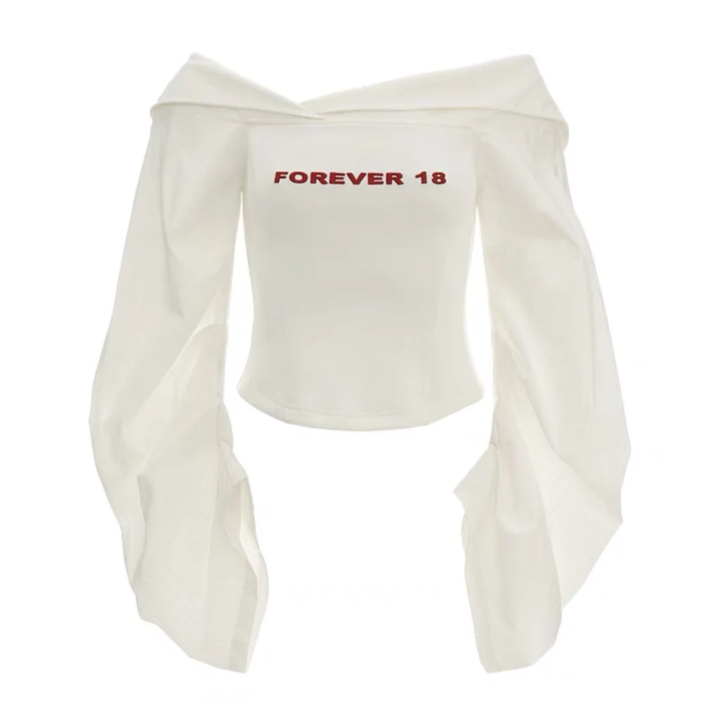 Women's Dark White Shirt With Lantern Sleeves - White Shirt