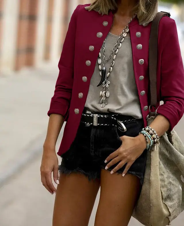 Women's Autumn And Winter Button Suit Stand Collar Coat Rose Red - Shop at LoveMi