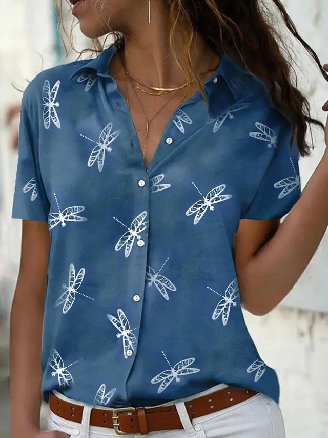 Women's Summer Cross border Dragonfly Flower Print Short Sleeve Shirt Blue - Shop at LoveMi
