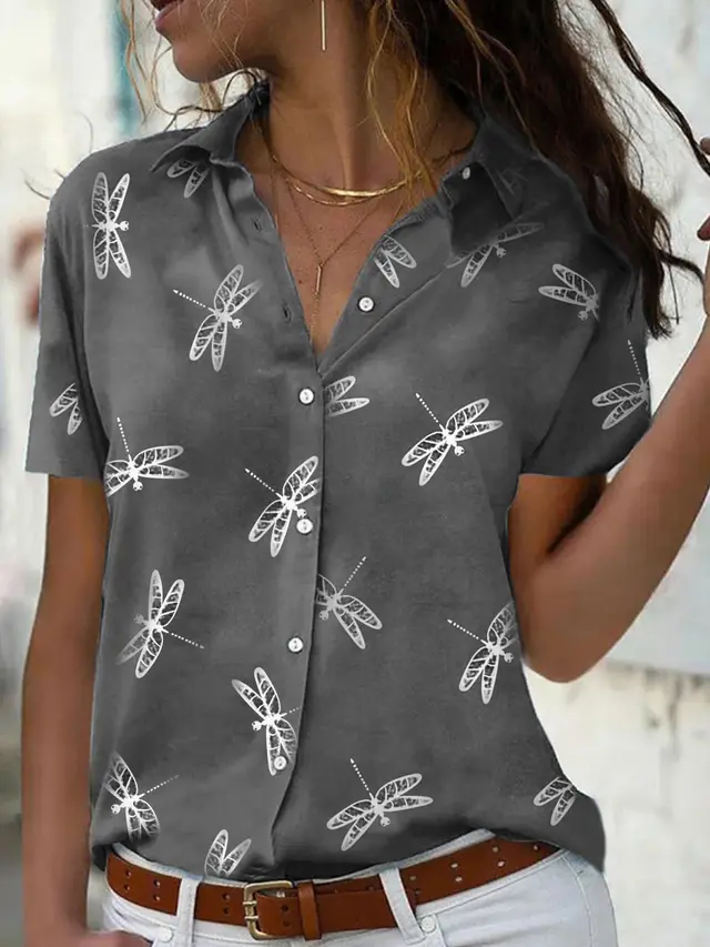 Women's Summer Cross border Dragonfly Flower Print Short Sleeve Shirt Gray - Shop at LoveMi
