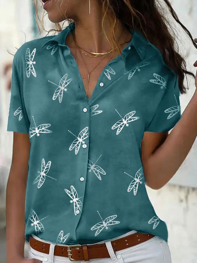 Women's Summer Cross border Dragonfly Flower Print Short Sleeve Shirt Green - Shop at LoveMi