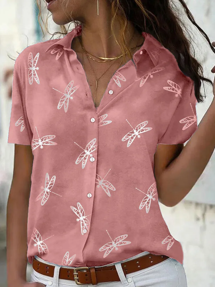 Women's Summer Cross border Dragonfly Flower Print Short Sleeve Shirt Pink - Shop at LoveMi