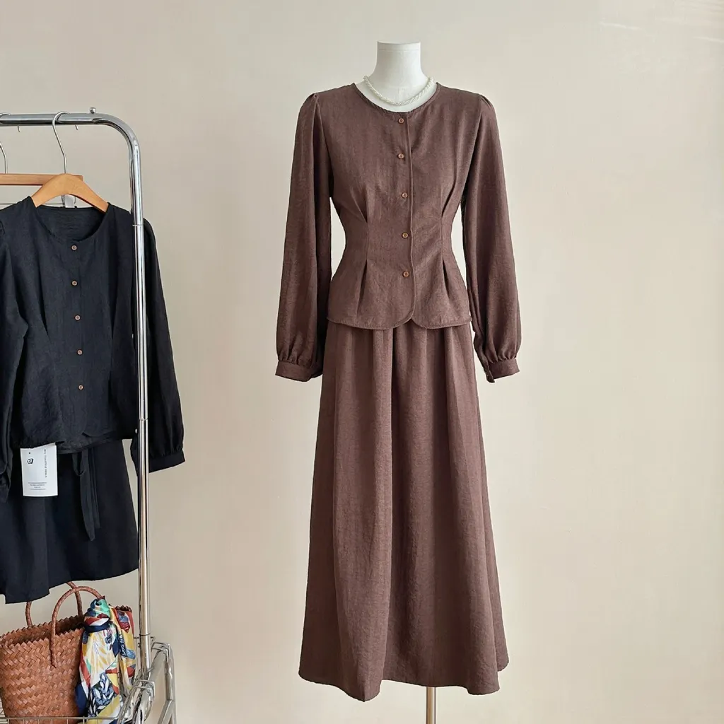 Small Shirt A- Line Skirt Two-piece Suit Women - Dark Brown Suit