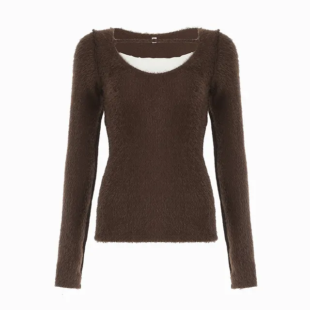 European And American Style Lace Stitching Fake Two piece Top Brown - Shop at LoveMi
