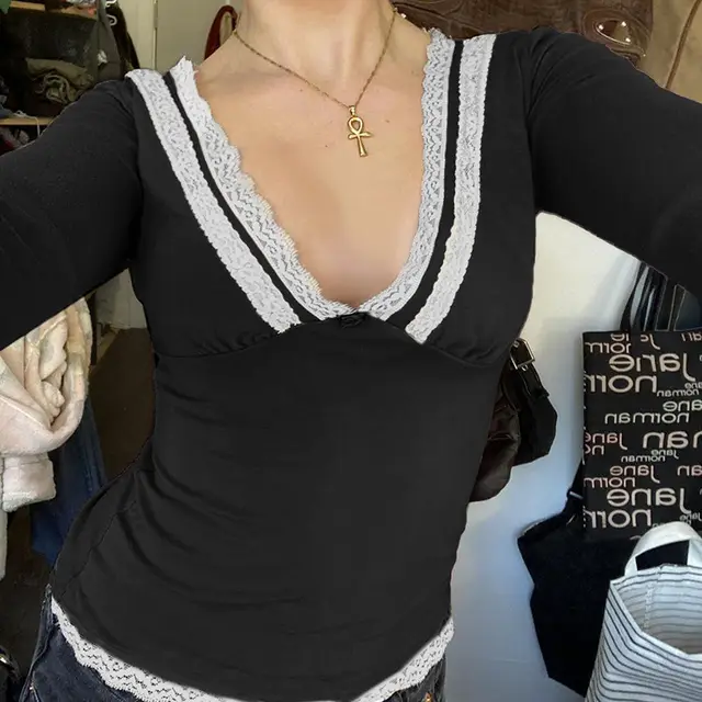 Lace Short Long Sleeve Top Women Black - Shop at LoveMi