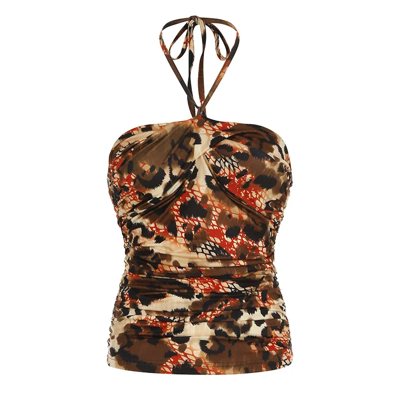 European And American Retro Printed Sexy Backless Halter Vest Brown - Shop at LoveMi