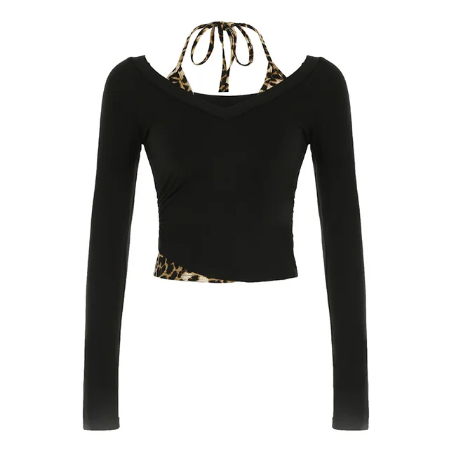 Leopard Print Contrast Color Fake Two piece Top Black - Shop at LoveMi
