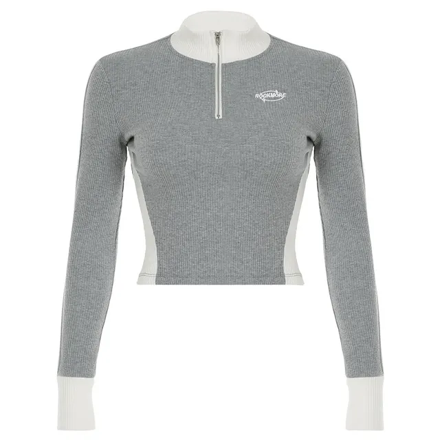 Design Split Contrast Color Zipper Rib T shirt Gray - Shop at LoveMi