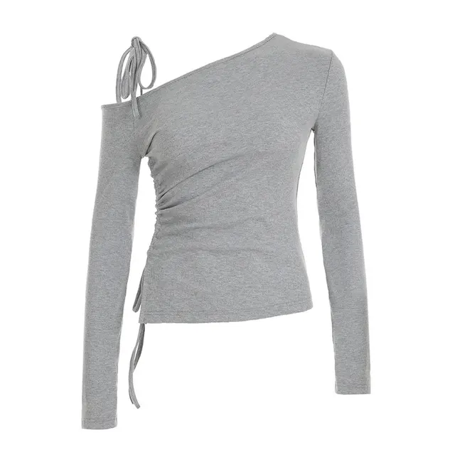 Diagonal Collar Strapless Lace up Loose Long Sleeve T shirt Gray - Shop at LoveMi