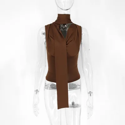 Lace up Tied Top Outerwear Ribbon Swing Collar Sleeveless Vest For Women Brown - Shop at LoveMi
