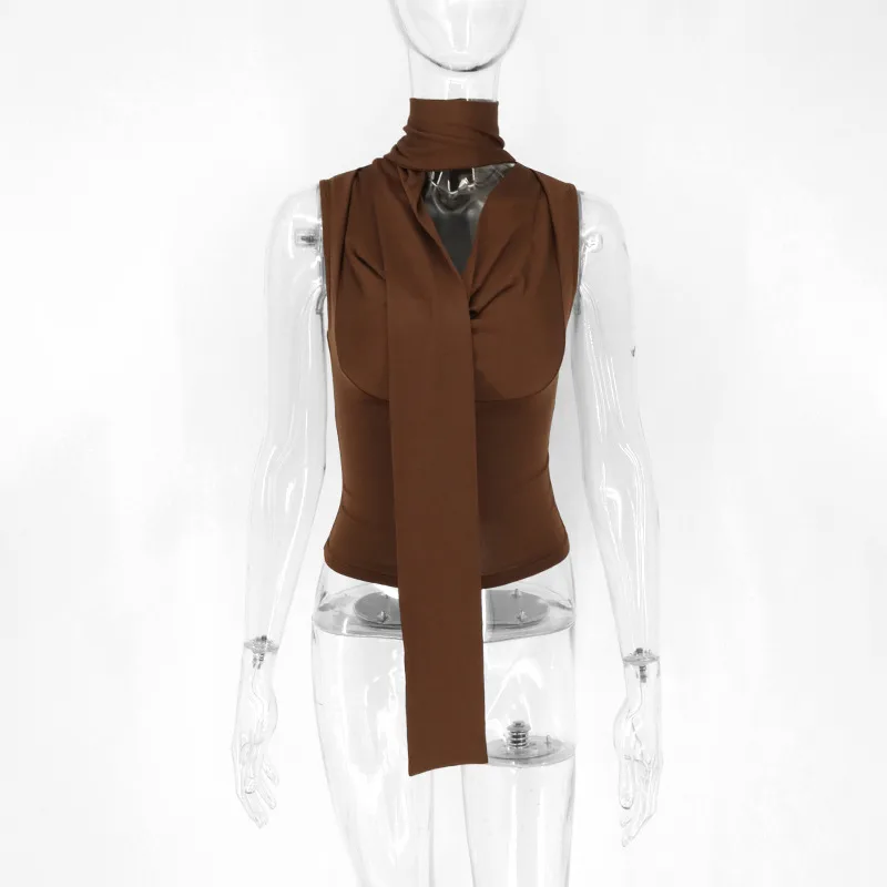 Lace-up Tied Top Outerwear Ribbon Swing Collar Sleeveless Vest For Women - Brown
