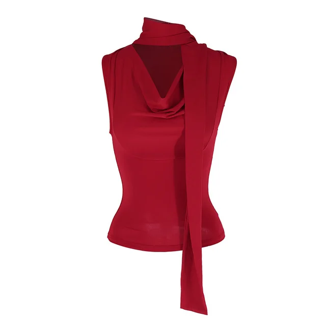 Lace up Tied Top Outerwear Ribbon Swing Collar Sleeveless Vest For Women Red - Shop at LoveMi
