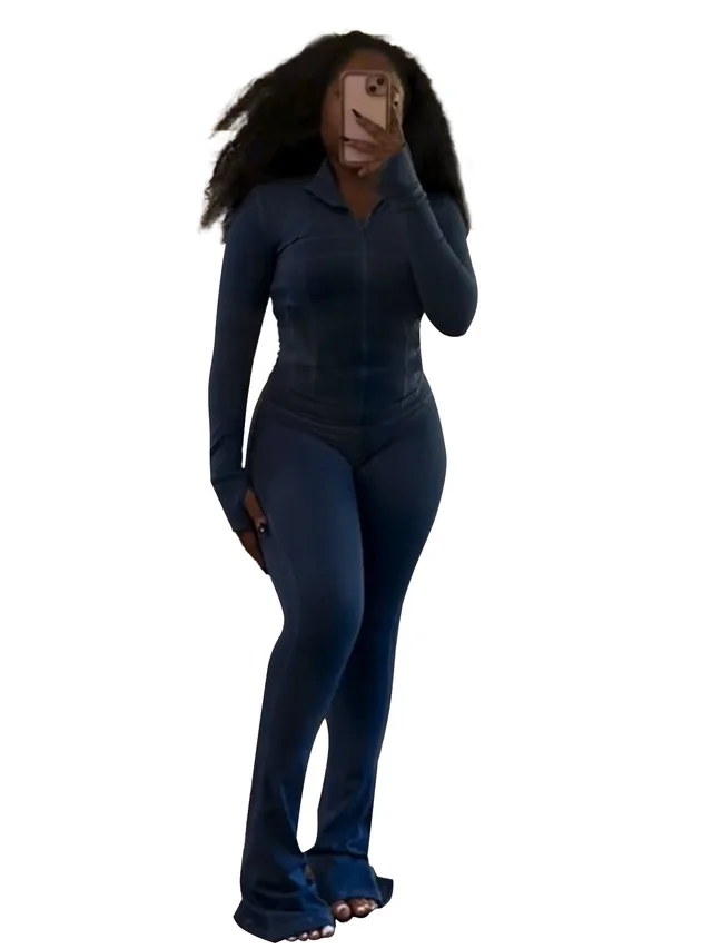 Women's Tight Long Sleeve Slightly Flared Two piece Suit Dark Blue - Shop at LoveMi