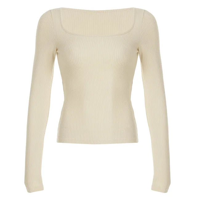 New Solid Color Square Collar Ribbed T shirt Khaki - Shop at LoveMi