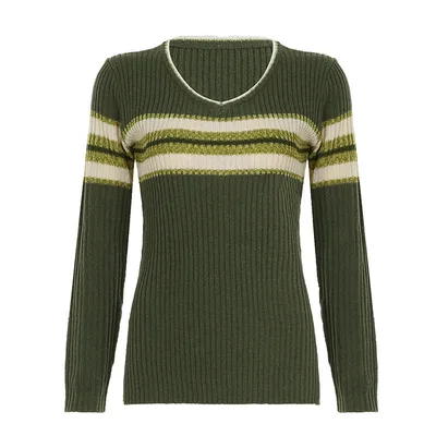 Women's V neck Striped Sweater Autumn And Winter New Green - Shop at LoveMi