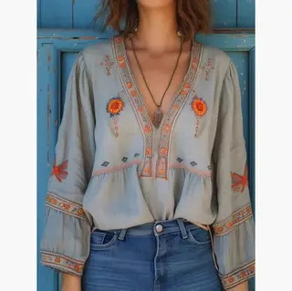 V-neck Short-sleeved Lace-up Mori Blouse - Cftyu096