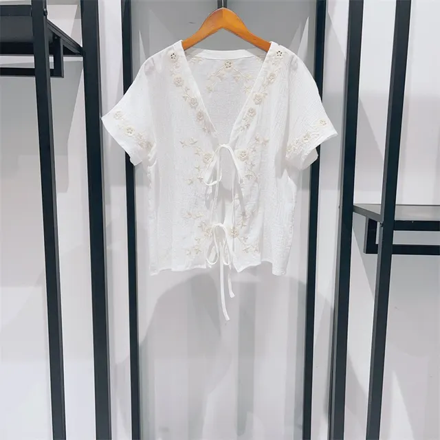 V neck Short sleeved Lace up Mori Blouse Shirt - Shop at LoveMi
