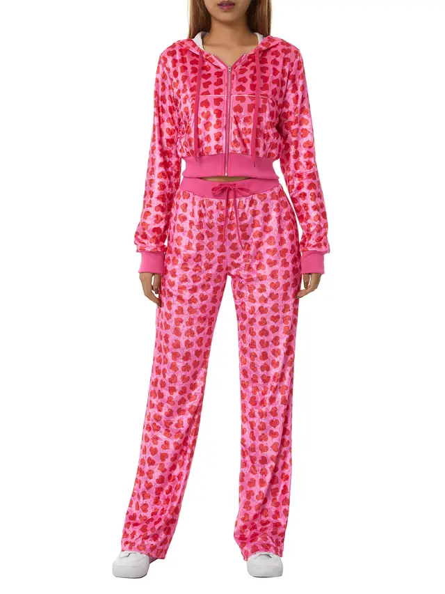 Velvet Love Printed Hooded Sweater Fashion Suit Women Suit Rose Red - Shop at LoveMi