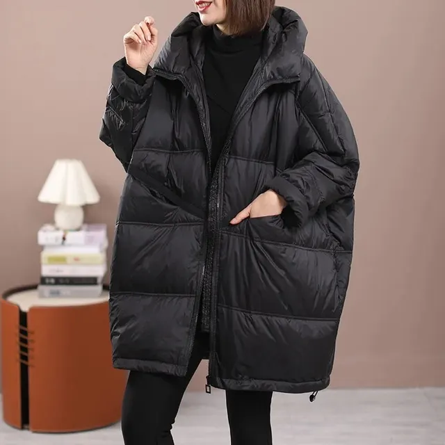 Women's Mid length Hooded Loose Thick White Duck Down Winter Coat Black - Shop at LoveMi