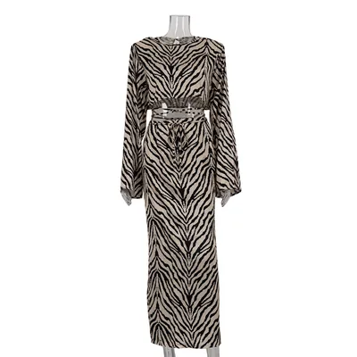 Zebra Striped Long Sleeves Cropped Top Suit Skirt Two piece Set Khaki - Shop at LoveMi