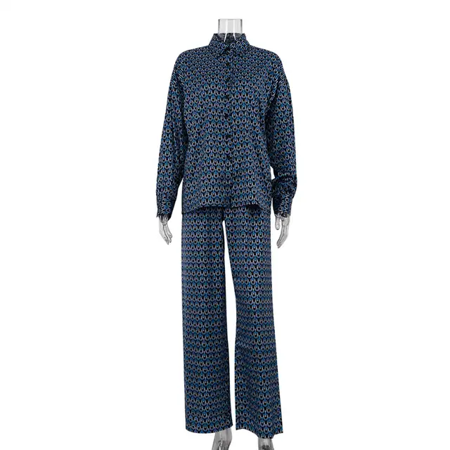 Printed Long Sleeve Lapel Shirt Drooping Wide leg Pants Fashion Two piece Suit Black - Shop at LoveMi