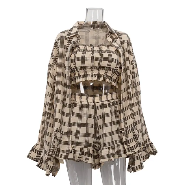 Retro Loose Outfit Long Sleeve Plaid Shirt Tube Top Shorts Fashion Casual Three piece Suit Khaki - Shop at LoveMi