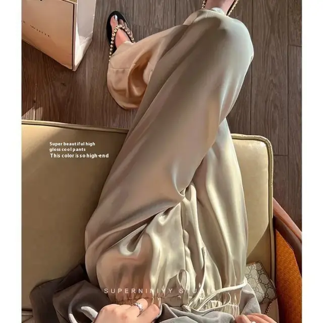 Drawstring Draping Break Advanced Satin Baggy Pants Champagne - Shop at LoveMi