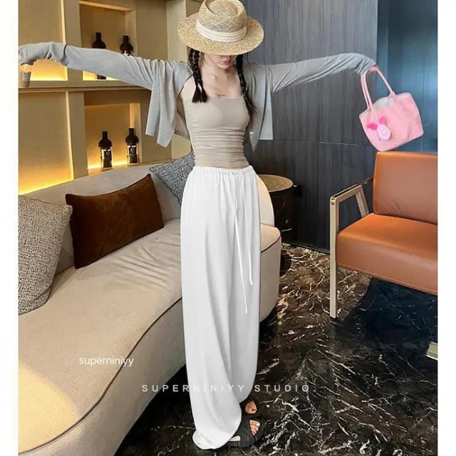 Drawstring Draping Break Advanced Satin Baggy Pants White - Shop at LoveMi