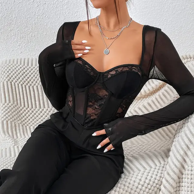 Lace Mesh Fishbone Slim Fit Square Collar Long Sleeve Top Black - Shop at LoveMi