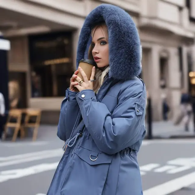 Women's Clothing Fleece lined Thick Parka Short Slim Fit Blue - Shop at LoveMi